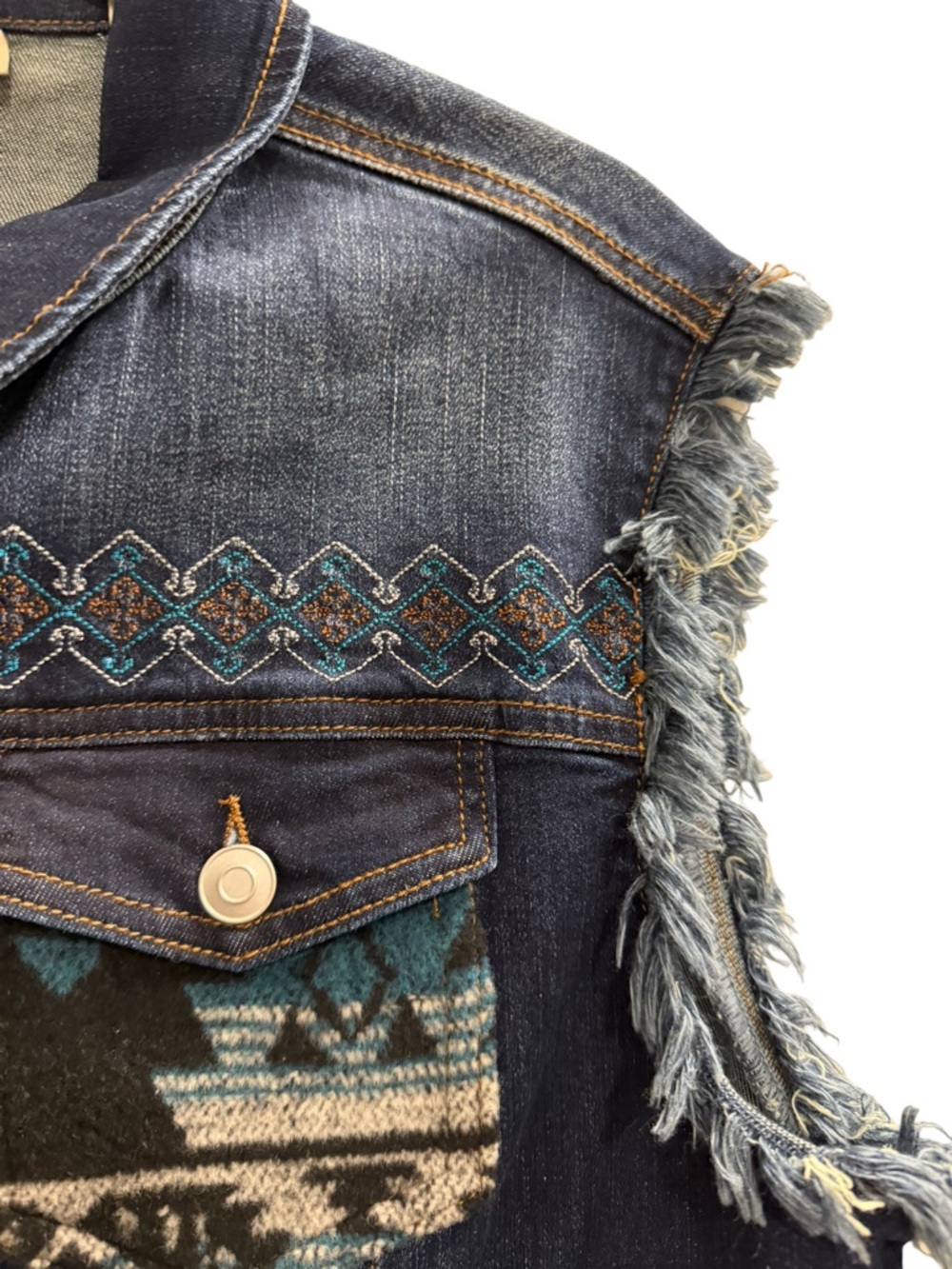 Venario Southwest Aztec Print Denim Vest Frayed Sleeveless Jacket Dark Wash Size - Picture 6 of 7